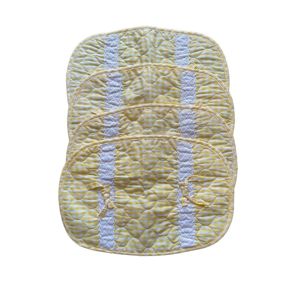 4 Adorable Vintage Quilted Placemats Yellow Checkered Quilted w/ Bows 70’s 80’s